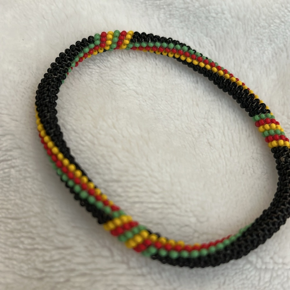 Necklace and bracelet set yellow, red , green, black seed beads  #311